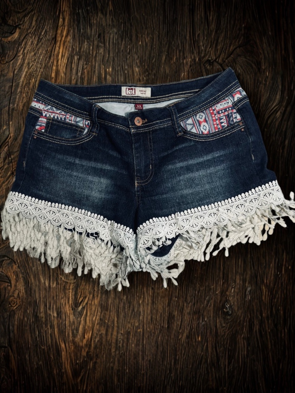 lei Dark Wash Denim Shorts with White Crochet Fringe and Aztec Pocket Trim